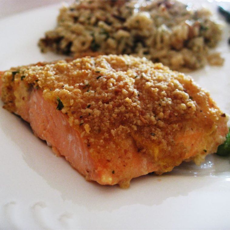 Baked Salmon Fillets Dijon Recipe - Delicious baked salmon coated with Dijon-style mustard and seasoned bread crumbs, and topped with butter. #baked #salmon #salmonfillets #bakedsalmon #bakedsalmonfillets #salmonrecipe #salmonrecipes #recipes