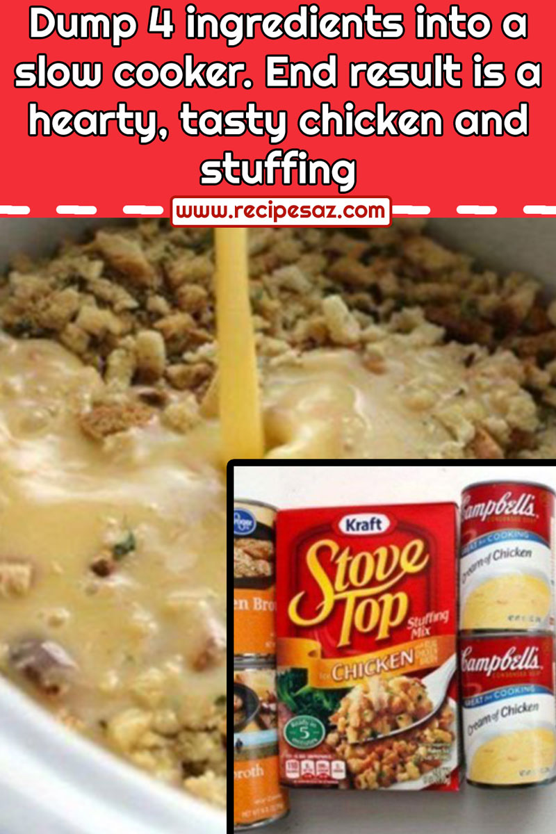 Dump 4 ingredients into a slow cooker. End result is a hearty, tasty chicken and stuffing