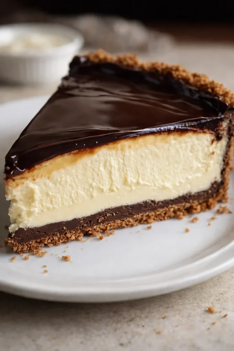 Boston Cream Pie Cheesecake topped with chocolate and vanilla cream layers.