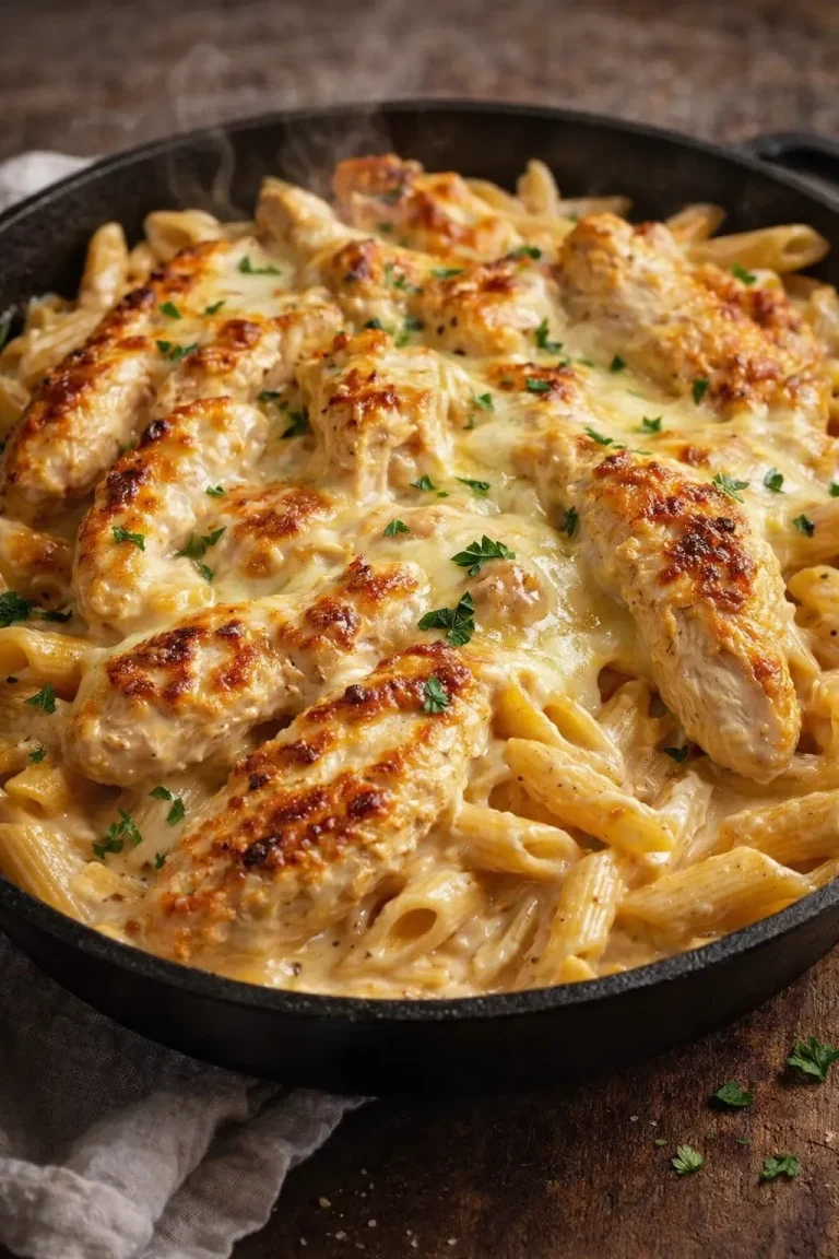 Cheesy Garlic Parmesan Chicken Pasta Skillet with fresh herbs and cheese