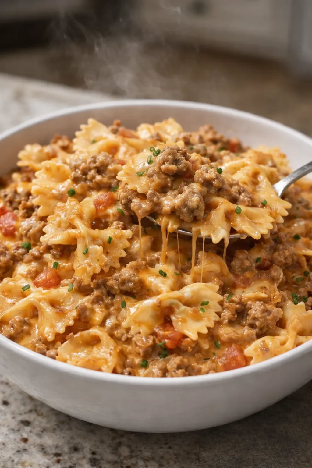 Cheesy ground beef bowtie pasta in a creamy Velveeta sauce dish