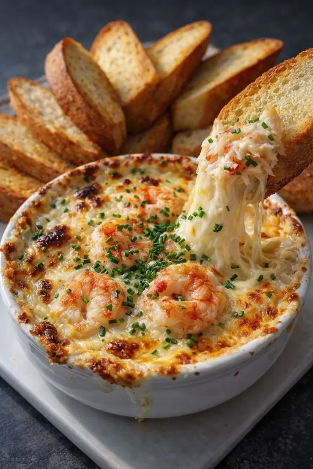 Cheesy shrimp crab dip served in a dish with tortilla chips for dipping