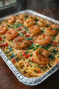 Creamy Cajun shrimp pasta bake with shrimp, cheese, and spices