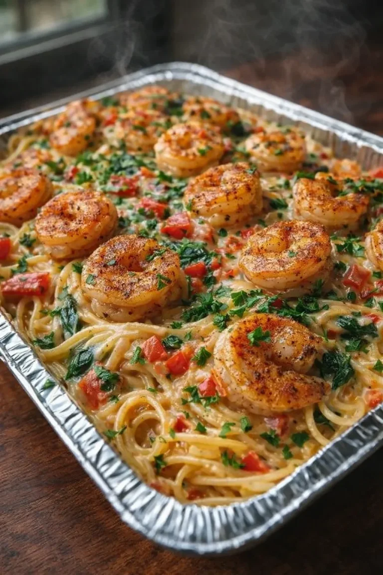 Creamy Cajun shrimp pasta bake with shrimp, cheese, and spices
