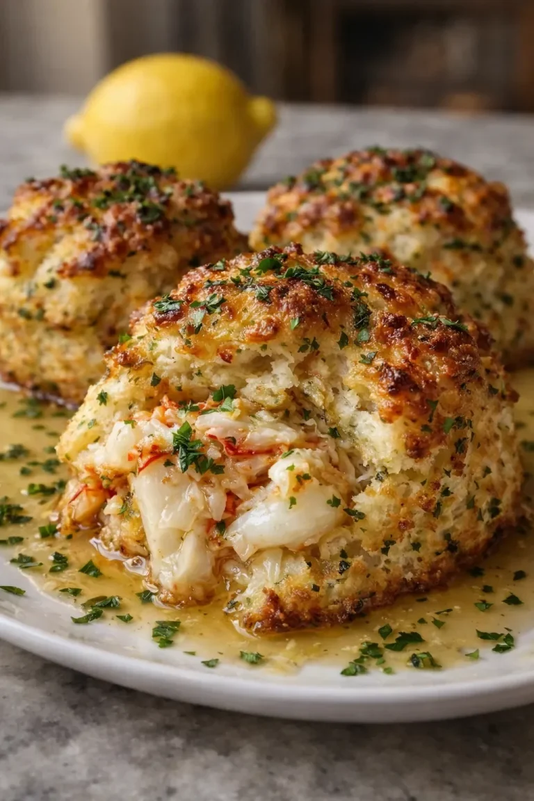 Freshly baked garlic butter lobster-stuffed biscuits on a plate.