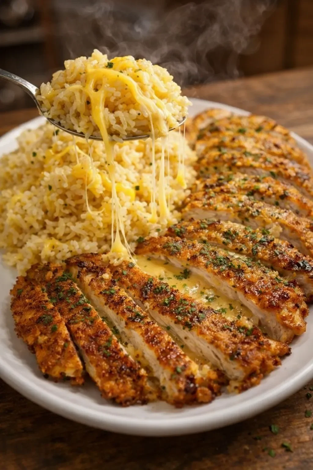 Plate of golden Garlic Parmesan Chicken with creamy Cajun butter rice