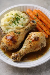 Plated roasted chicken drumsticks with creamy mashed potatoes and glazed carrots