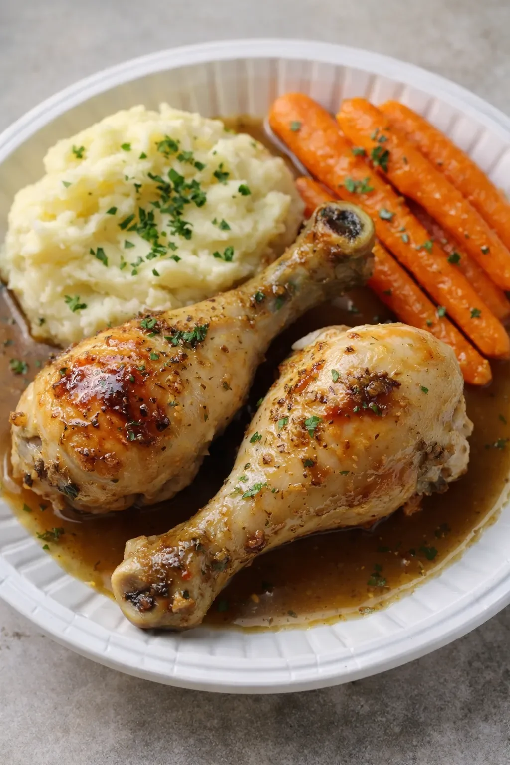 Plated roasted chicken drumsticks with creamy mashed potatoes and glazed carrots