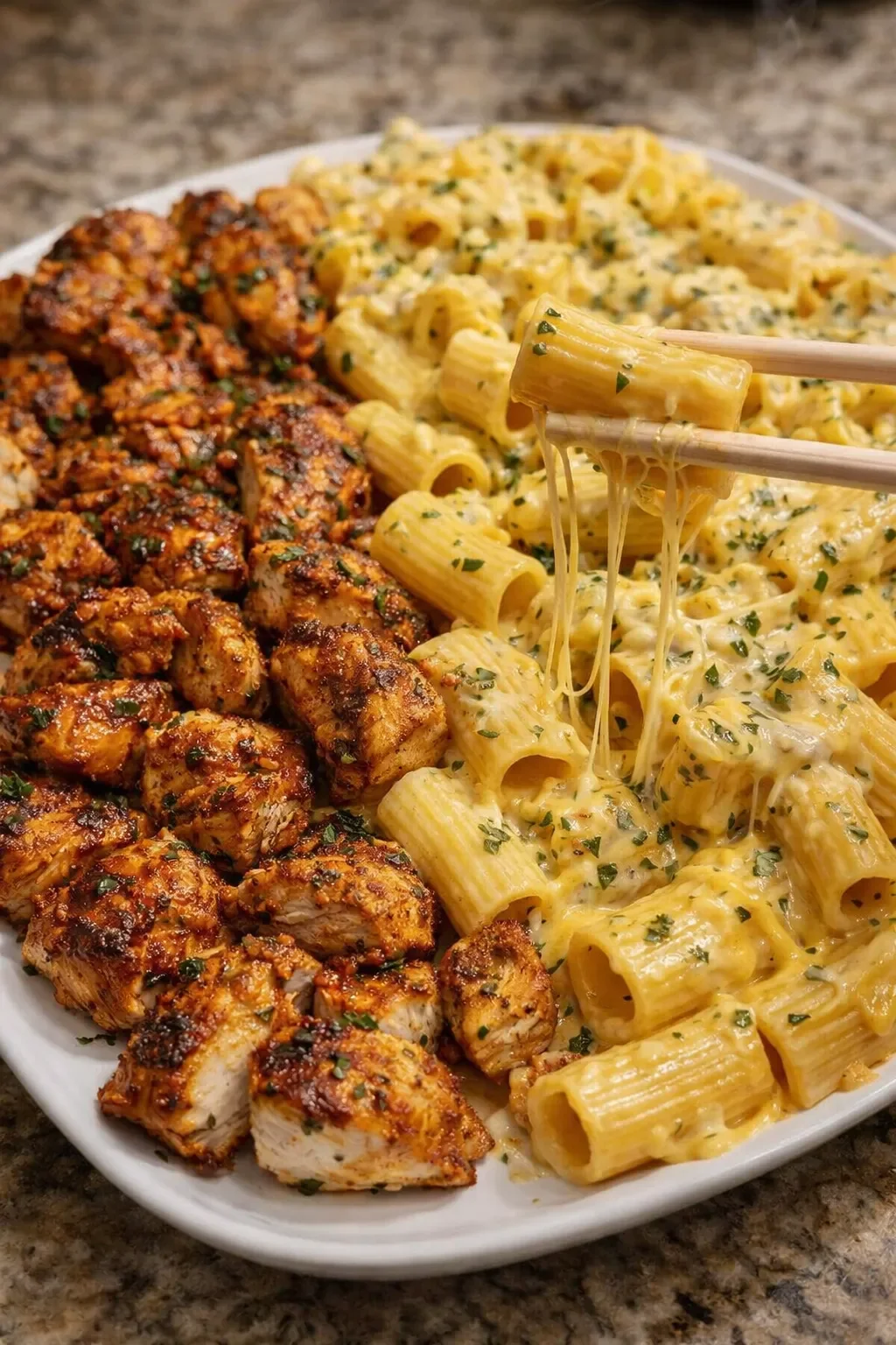 Creamy Velveeta Garlic Chicken Rigatoni with mozzarella sauce